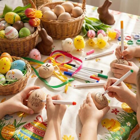 مجموعة هزازات بيض عيد الفصح المكونة من 36 قطعة تتضمن 12 قطعة 2026 DIY من هزازات البيض الخشبية وأدوات الماراكس الموسيقية مع 24 قلم تحديد ملون وسلة هدايا عيد الفصح الأولى وحشو الموسيقى in Saudi Arabia