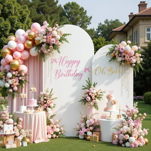 Set of 2 Arch Backdrop Cover 7.2FT, 6FT Pink and Berry First Birthday Decal Sign - Adjustable Round Top Chiara Backdrop Stand Covers for Wedding Birthday Party Baby Shower Banquet Decoration in Saudi Arabia
