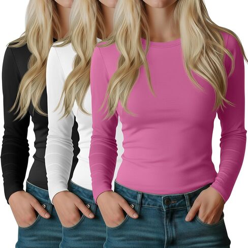 Riyiper 3 Pack Women's Long Sleeve Shirts Cotton Crew Neck Tops Slim Fitted Stretchy Casual Basic Tees 2025 Fall in Saudi Arabia