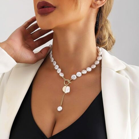 قلادة بؤلؤة اللؤلؤ الباروكية غير النظامية غير النظامية لؤلؤة الباروكي للنساء اللامع ، وعصرية الذهب البذور بوكلي بيضاء حبات القرص العملة القلادة ص قلادة in Kuwait
