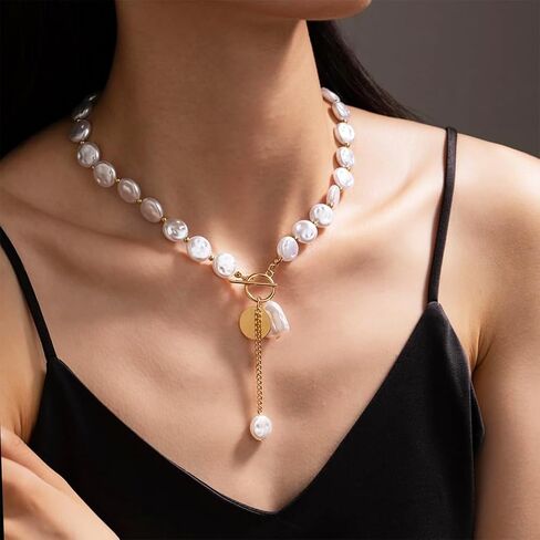 قلادة بؤلؤة اللؤلؤ الباروكية غير النظامية غير النظامية لؤلؤة الباروكي للنساء اللامع ، وعصرية الذهب البذور بوكلي بيضاء حبات القرص العملة القلادة ص قلادة in Kuwait