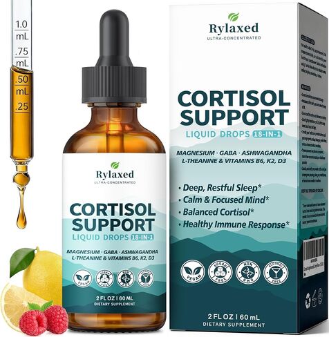 Cortisol Supplements for Women & Men, 18 in 1 Stress & Mood Support Drops with Magnesium 480mg, GABA, Ashwagandha, L-Theanine & Phosphatidylserine, for Relaxation & Sleep, Lemon Raspberry Flavor 60mL in Kuwait