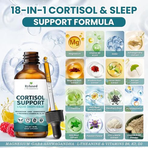 Cortisol Supplements for Women & Men, 18 in 1 Stress & Mood Support Drops with Magnesium 480mg, GABA, Ashwagandha, L-Theanine & Phosphatidylserine, for Relaxation & Sleep, Lemon Raspberry Flavor 60mL in Kuwait
