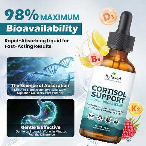 Cortisol Supplements for Women & Men, 18 in 1 Stress & Mood Support Drops with Magnesium 480mg, GABA, Ashwagandha, L-Theanine & Phosphatidylserine, for Relaxation & Sleep, Lemon Raspberry Flavor 60mL in Kuwait