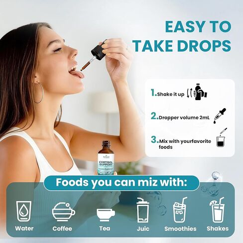 Cortisol Supplements for Women & Men, 18 in 1 Stress & Mood Support Drops with Magnesium 480mg, GABA, Ashwagandha, L-Theanine & Phosphatidylserine, for Relaxation & Sleep, Lemon Raspberry Flavor 60mL in Kuwait