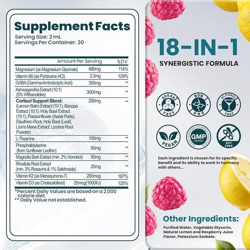Cortisol Supplements for Women & Men, 18 in 1 Stress & Mood Support Drops with Magnesium 480mg, GABA, Ashwagandha, L-Theanine & Phosphatidylserine, for Relaxation & Sleep, Lemon Raspberry Flavor 60mL in Kuwait