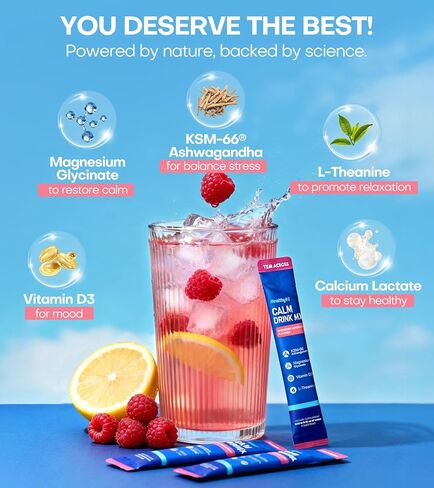 Calm Magnesium Glycinate Powder Drink Mix for Relax & Sleep Aid, Cortisol Reducer Supplements for Women Men w/ KSM-66 Ashwagandha L-Theanine Vitamin D3 Balance Mood & Stress Non-GMO Raspberry Lemonade in Kuwait