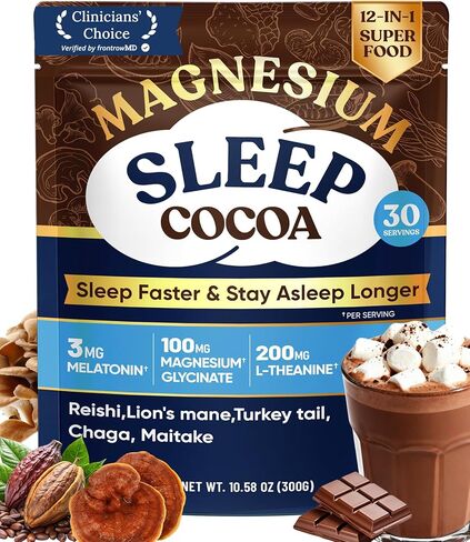 Mushroom Hot Cocoa Powder with Magnesium Glycinate, Natural Sleep Aid with Reishi & L-Theanine for Adults, 12 Superfoods, Melatonin 3mg, Unsweetened Hot Chocolate Drink Mix for Sleep, 30 Servings in Kuwait