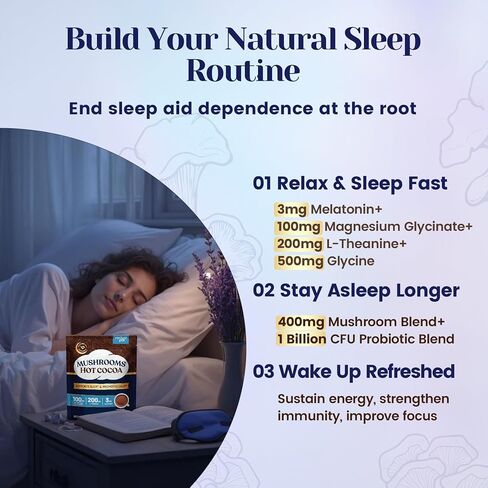 Mushroom Hot Cocoa Powder with Magnesium Glycinate, Natural Sleep Aid with Reishi & L-Theanine for Adults, 12 Superfoods, Melatonin 3mg, Unsweetened Hot Chocolate Drink Mix for Sleep, 30 Servings in Kuwait
