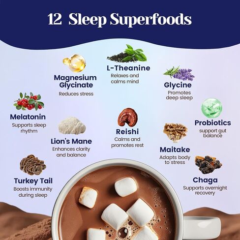 Mushroom Hot Cocoa Powder with Magnesium Glycinate, Natural Sleep Aid with Reishi & L-Theanine for Adults, 12 Superfoods, Melatonin 3mg, Unsweetened Hot Chocolate Drink Mix for Sleep, 30 Servings in Kuwait