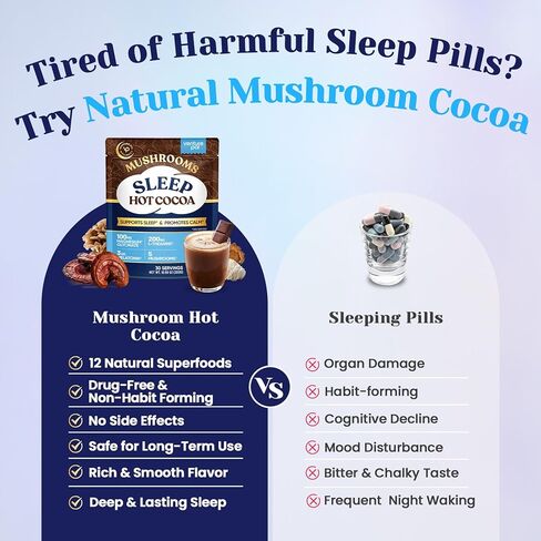 Mushroom Hot Cocoa Powder with Magnesium Glycinate, Natural Sleep Aid with Reishi & L-Theanine for Adults, 12 Superfoods, Melatonin 3mg, Unsweetened Hot Chocolate Drink Mix for Sleep, 30 Servings in Kuwait