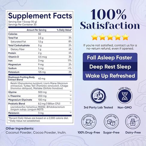 Mushroom Hot Cocoa Powder with Magnesium Glycinate, Natural Sleep Aid with Reishi & L-Theanine for Adults, 12 Superfoods, Melatonin 3mg, Unsweetened Hot Chocolate Drink Mix for Sleep, 30 Servings in Kuwait