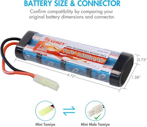 Tenergy Airsoft Battery 9.6V 1600mAh NiMH Flat Battery Pack and Charger w/Mini Tamiya Connector Compatible with MP5, Scar, M249, M240B, M60, G36, M14, RPK, PKM in Saudi Arabia