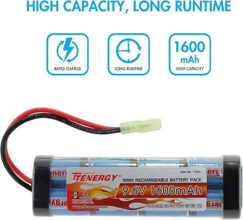 Tenergy Airsoft Battery 9.6V 1600mAh NiMH Flat Battery Pack and Charger w/Mini Tamiya Connector Compatible with MP5, Scar, M249, M240B, M60, G36, M14, RPK, PKM in Saudi Arabia