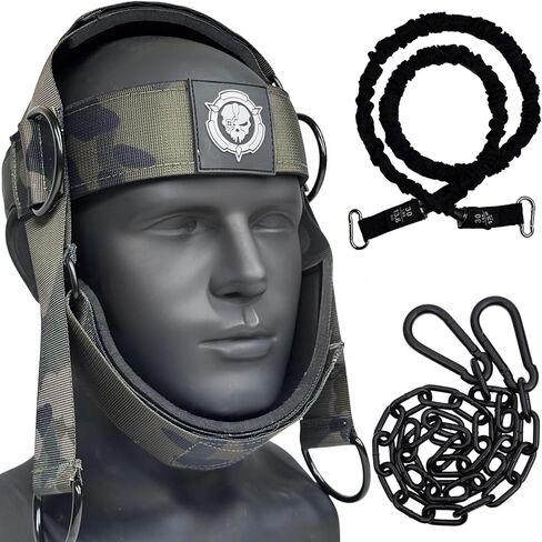 Military Green Camo Neck Trainer | Adjustable Neck Stretcher Exerciser with 15lb Resistance Band for Home Gym, Relieve Neck Tension & Strength Training in Saudi Arabia