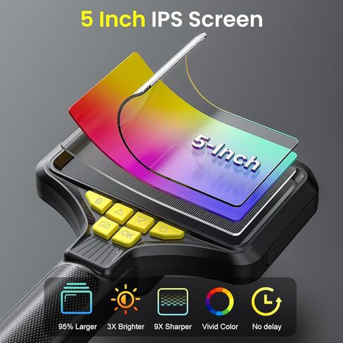 كاميرا منظار مزدوجة العدسات مع ضوء، كاميرا فحص شاشة IPS مقاس 5.0 بوصة، منظار محمول بدقة 1080 بكسل عالي الدقة مع 8 مصابيح LED، عدسة مقاومة للماء IP67 مقاس 7.9 ملم مع كابل شبه صلب بطول 16.5 قدمًا in Kuwait