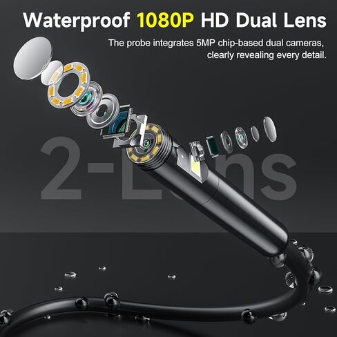 كاميرا منظار مزدوجة العدسات مع ضوء، كاميرا فحص شاشة IPS مقاس 5.0 بوصة، منظار محمول بدقة 1080 بكسل عالي الدقة مع 8 مصابيح LED، عدسة مقاومة للماء IP67 مقاس 7.9 ملم مع كابل شبه صلب بطول 16.5 قدمًا in Kuwait