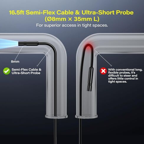 بوريسكوب مع ضوء، كاميرا فحص بالمنظار بدقة 1920 بكسل عالية الدقة مع شاشة IPS مقاس 4.3 بوصة، وعدسة 8 مم IP67 مقاومة للماء مع 8 مصابيح LED، وكاميرا ثعبان شبه صلبة بطول 16.5 قدمًا لفحص أنابيب السيارات in Kuwait