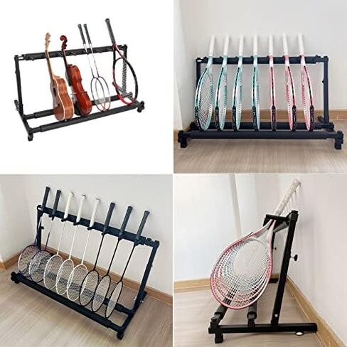 رف منظم للتخزين الرياضي أسود قابل للطي لمضارب التنس/مضرب كرة الريشة، حامل متعدد الوظائف لصالة الألعاب الرياضية المدرسية بسعة كبيرة للكمان/القيثارة/الجيتار in Kuwait