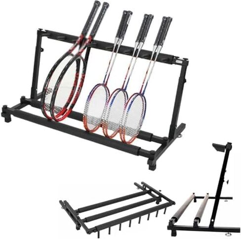 Folding Floor Racket Storage Rack, Badminton Racket/Tennis Racquet/Guitar Stand Height Adjustable, Non-Slip Sports Racquet Holder in Saudi Arabia