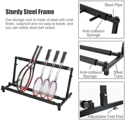 منظم حامل مضارب كرة الريشة شديد التحمل، سعة كبيرة، حامل عرض معدني تجاري، رف تخزين قابل للطي لمضارب التنس/الكمان/القيثارة/القيثارات in Kuwait