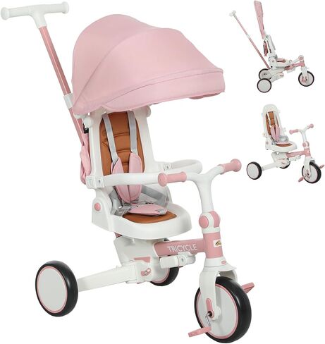 Qaba 7 in 1 Tricycle Stroller for Toddler 1-5 Years, Foldable Toddler Bike with Adjustable Push Handle, Rotatable Seat, Removable Canopy, Safety Harness, Double Brake, Footrest, Pink in Saudi Arabia