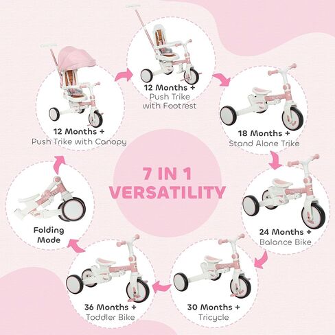 Qaba 7 in 1 Tricycle Stroller for Toddler 1-5 Years, Foldable Toddler Bike with Adjustable Push Handle, Rotatable Seat, Removable Canopy, Safety Harness, Double Brake, Footrest, Pink in Saudi Arabia
