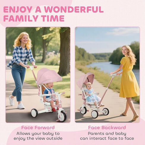 Qaba 7 in 1 Tricycle Stroller for Toddler 1-5 Years, Foldable Toddler Bike with Adjustable Push Handle, Rotatable Seat, Removable Canopy, Safety Harness, Double Brake, Footrest, Pink in Saudi Arabia