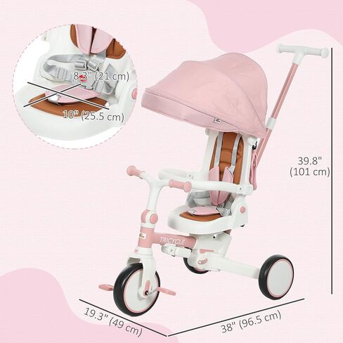 Qaba 7 in 1 Tricycle Stroller for Toddler 1-5 Years, Foldable Toddler Bike with Adjustable Push Handle, Rotatable Seat, Removable Canopy, Safety Harness, Double Brake, Footrest, Pink in Saudi Arabia