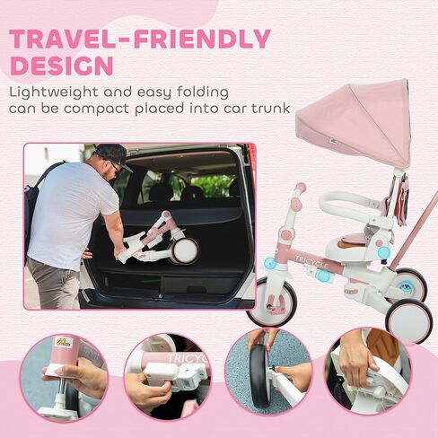 Qaba 7 in 1 Tricycle Stroller for Toddler 1-5 Years, Foldable Toddler Bike with Adjustable Push Handle, Rotatable Seat, Removable Canopy, Safety Harness, Double Brake, Footrest, Pink in Saudi Arabia