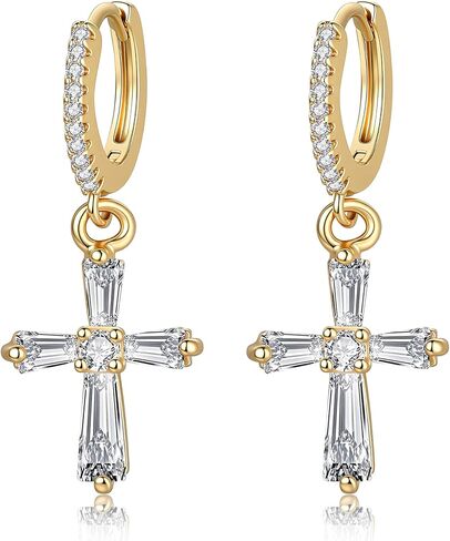 Cross Earrings for Women 14K Gold Plated Cross Studs Earring with Cubic Zirconia Religious Jewelry Gifts in Saudi Arabia