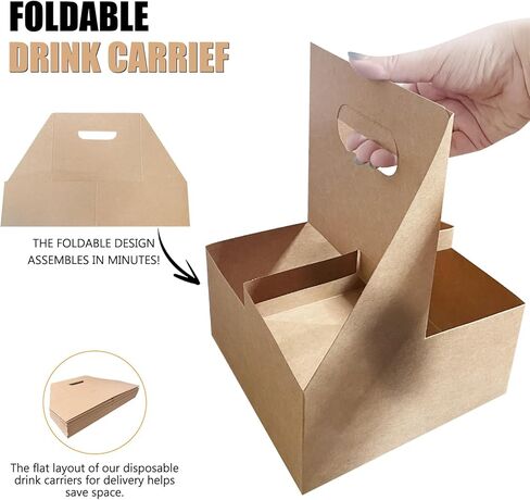 50 Pcs Coffee Drink Carrier with Handle( 4 Cups),Assemblable Drink Holder with Handle,Disposable Cup Holders for Drinks, Great for All Your Drink and Food Delivery,Coffee Carrier in Kuwait