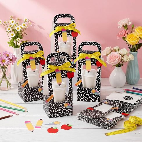 Colarr 24 Set Teacher Appreciation Gifts Composition Book Cup Drink Carrier Holder with Card Ribbon Disposable Cup Holders with Handle for Teacher's Day Graduation Retirement Classroom Party Favors in Saudi Arabia