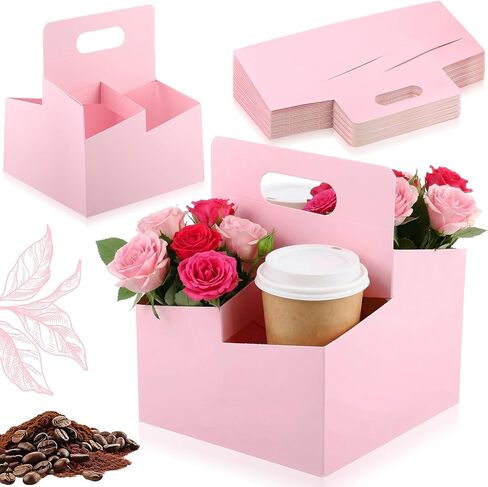 Jetec 50 Pcs 4 Cup Drink Carrier with Handle, Kraft Paperboard Disposable Cup Holder, Food Delivery Accessories for Mother's Day Hot/cold Drinks, to Go Coffee Drink Holder for Flower Gifts in Saudi Arabia