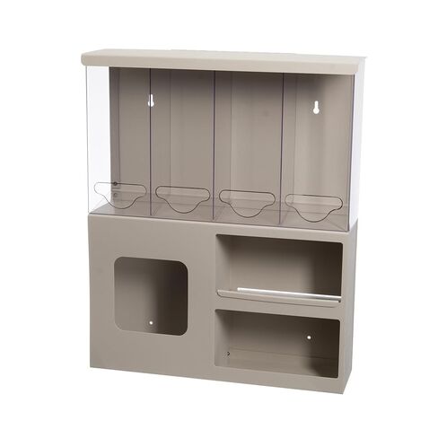 Protective Wear Organizer-Surgical: Holds PPE or misc. Bulk Items, Overalls, or Gowns, & misc. Items 4 compartments Removable Shelf Wall Mount Dims: 6.75"L x 25"W x30.19"H in Kuwait