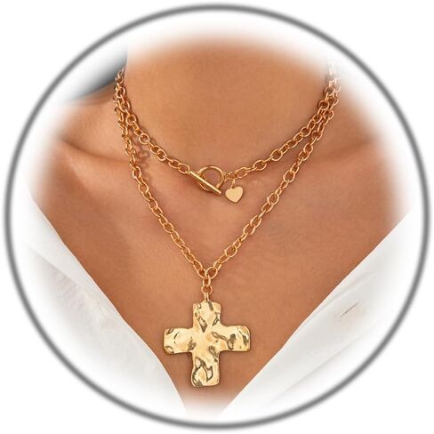 Chunky Cross Necklace for Women,14K Gold Plated Large Cross Pendant Necklace Statement Thick Chain Necklace Vintage Toggle Clasp Necklace Trendy Jewelry in Kuwait