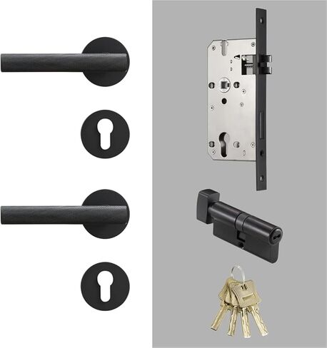 Brass Knurled Door Lock Set Gold Black Interior Double Wood Lever Handle 1Pcs(QBCF) in Saudi Arabia