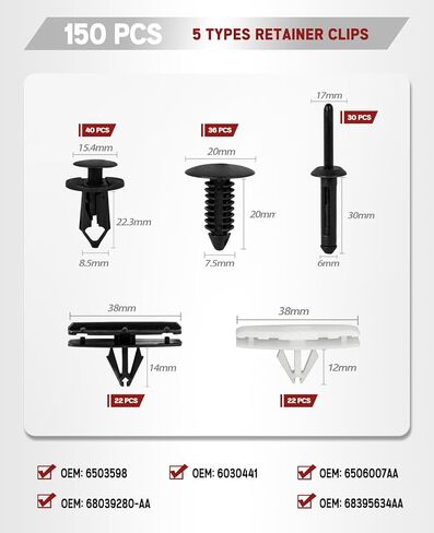 UNIGT 6 in 1 Bumper Retainer Clips with Fastener Remover Compatible with Jeep Wrangler Chrysler Dodge Ram Plastic Rivets Replace# 6506007AA / 6502625/6503598-121Pcs in Kuwait