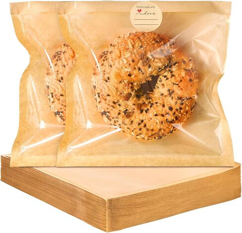 100 Pack Bagel Bags with Seal, 7.1 x 7.5 Inch Paper Bakery Bags with Window, Heat Sealable & Grease Resistant To Go Bags Individual Cookie Packaging for Donut, Treat, Bagel, Snack in Kuwait