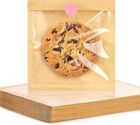 Ocmoiy 100 Pcs Cookie Packaging Bags with Seal, 5.7x6.5 Inch Paper Bakery Bags with Window, Heat-Sealable & Grease-Resistant Bake Sale Sleeves for Treat, Donut, Scone, Brownie, Cake Slice in Kuwait