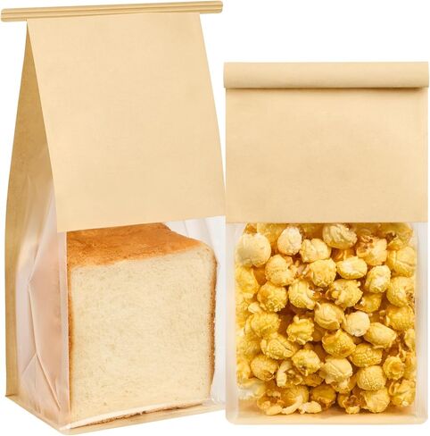 Ocmoiy 50 Pack Cookie Bags with Window, 5.1x3.9x11 Inches Tin Tie Tab Lock Bakery Packaging Bag, Resealable Paper Pastry Bags for Bagels, Popcorn, Treat in Kuwait