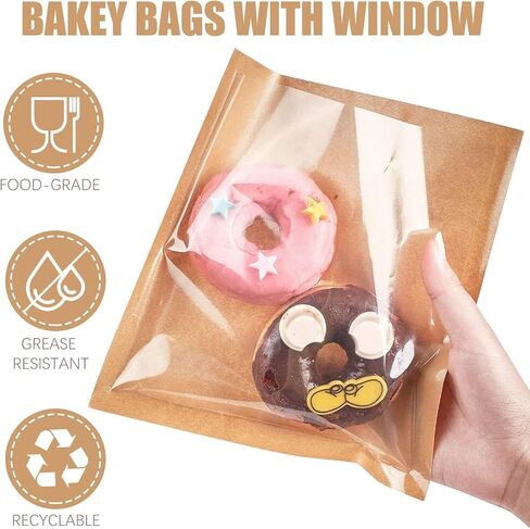 200 عبوة من أكياس الخبز القابلة للغلق بالحرارة مع نافذة، وأكياس الخبز المقاومة للدهون من ورق كرافت لتغليف البسكويت والدونات والمعجنات وغيرها من الهدايا (7.1 × 7.5 بوصة) in Kuwait