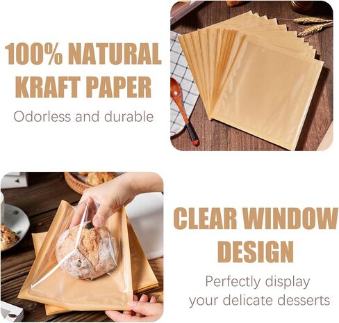 200 عبوة من أكياس الخبز القابلة للغلق بالحرارة مع نافذة، وأكياس الخبز المقاومة للدهون من ورق كرافت لتغليف البسكويت والدونات والمعجنات وغيرها من الهدايا (7.1 × 7.5 بوصة) in Kuwait