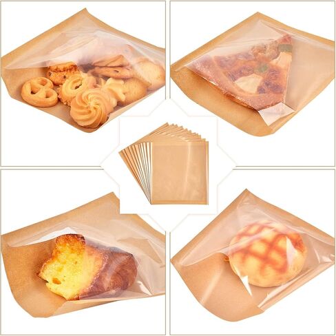 200 عبوة من أكياس الخبز القابلة للغلق بالحرارة مع نافذة، وأكياس الخبز المقاومة للدهون من ورق كرافت لتغليف البسكويت والدونات والمعجنات وغيرها من الهدايا (7.1 × 7.5 بوصة) in Kuwait