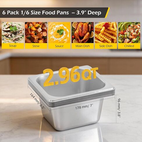 Dyna-Living 6 Pack Hotel Pan, 1/6 Size 4 Inch Deep Steam Table Pans Anti Jam Stainless Steel Chafing Table Pans Catering Food Storage Containers for Commercial Hotel Buffet Party Restaurant Supplies in Kuwait