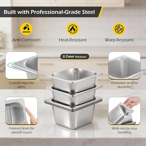 Dyna-Living 6 Pack Hotel Pan, 1/6 Size 4 Inch Deep Steam Table Pans Anti Jam Stainless Steel Chafing Table Pans Catering Food Storage Containers for Commercial Hotel Buffet Party Restaurant Supplies in Kuwait