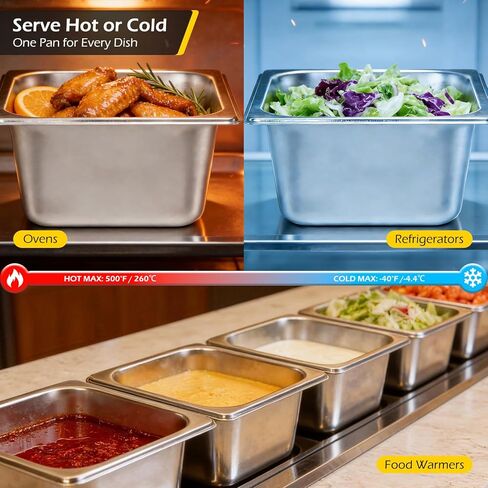 Dyna-Living 6 Pack Hotel Pan, 1/6 Size 4 Inch Deep Steam Table Pans Anti Jam Stainless Steel Chafing Table Pans Catering Food Storage Containers for Commercial Hotel Buffet Party Restaurant Supplies in Kuwait