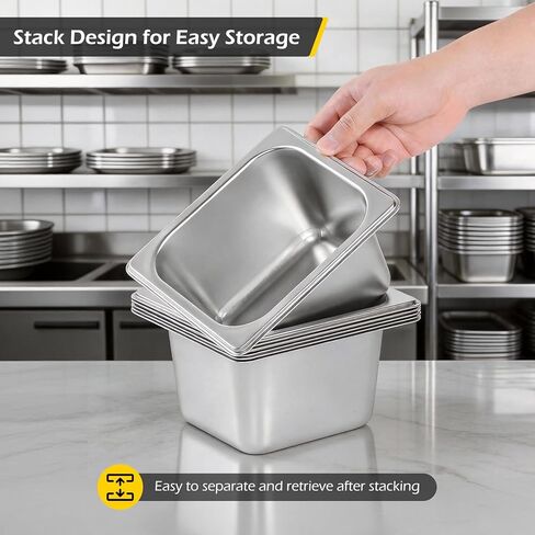 Dyna-Living 6 Pack Hotel Pan, 1/6 Size 4 Inch Deep Steam Table Pans Anti Jam Stainless Steel Chafing Table Pans Catering Food Storage Containers for Commercial Hotel Buffet Party Restaurant Supplies in Kuwait