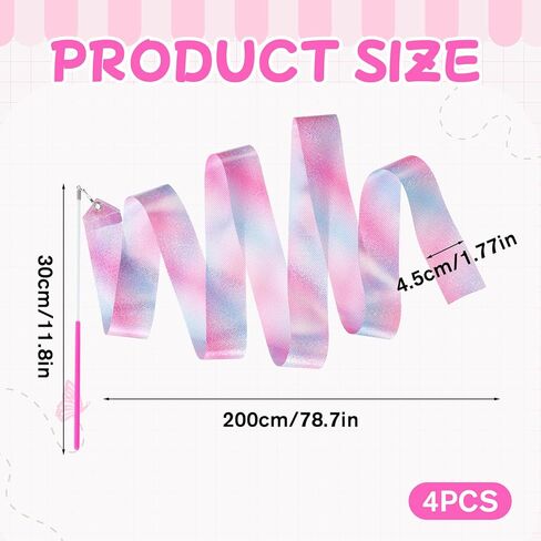TIESOME 4 Pcs Gymnastic Ribbon, 78.7 Inch Sparkling Gymnastics Dance Ribbons, Twirling Dance Ribbons Baton for Artistic Dancing, Training, Party Favors in Kuwait
