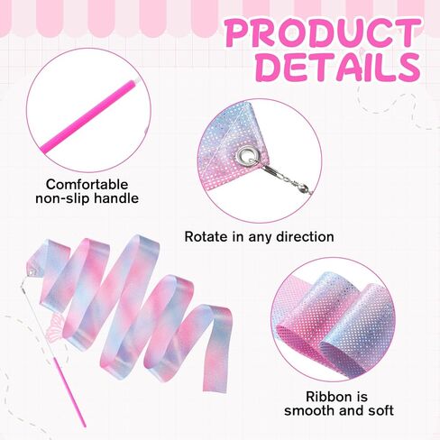TIESOME 4 Pcs Gymnastic Ribbon, 78.7 Inch Sparkling Gymnastics Dance Ribbons, Twirling Dance Ribbons Baton for Artistic Dancing, Training, Party Favors in Kuwait